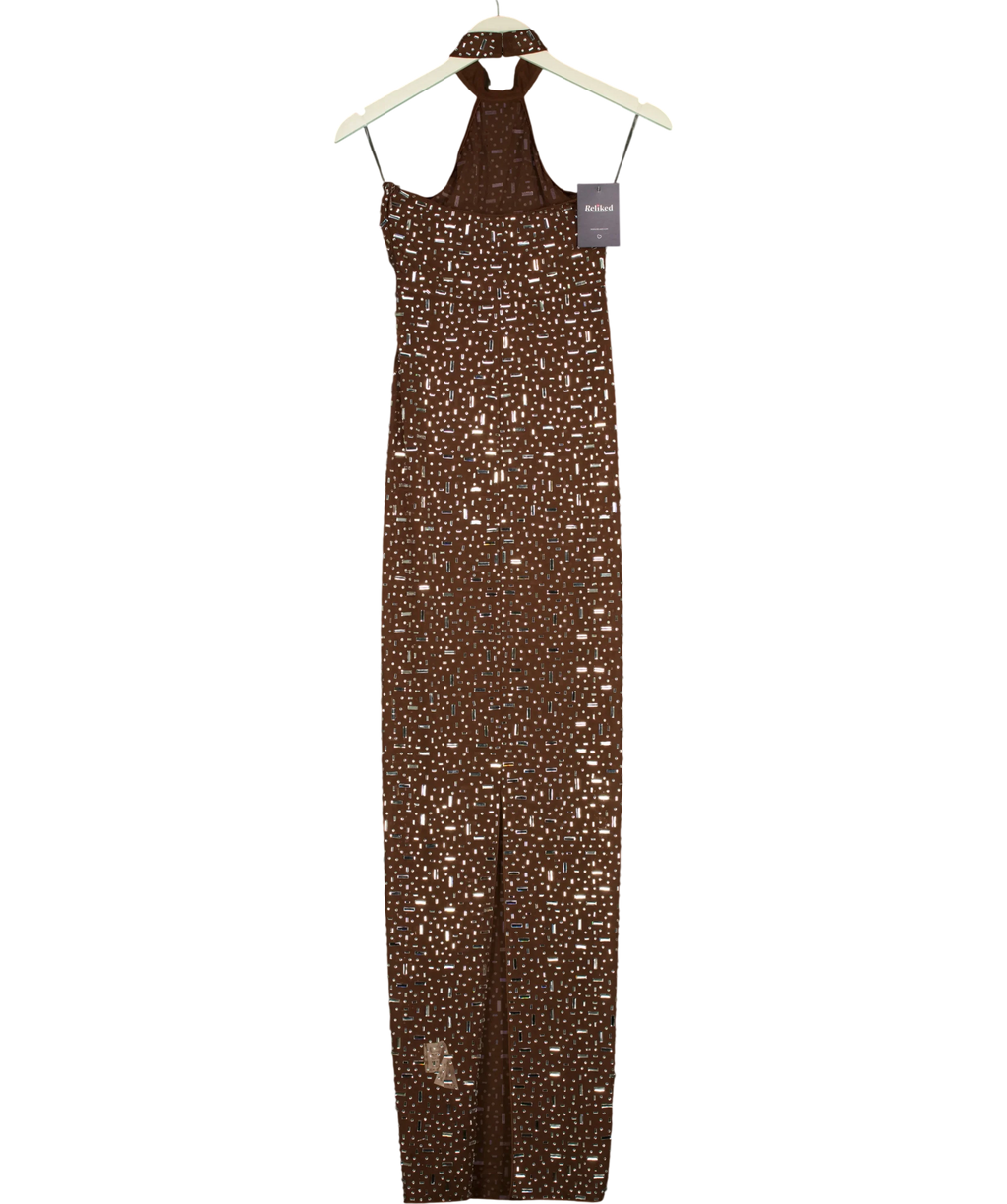OH POLLY Brown Désirée Brown Crystal Halter Maxi Dress, size UK 8 — back