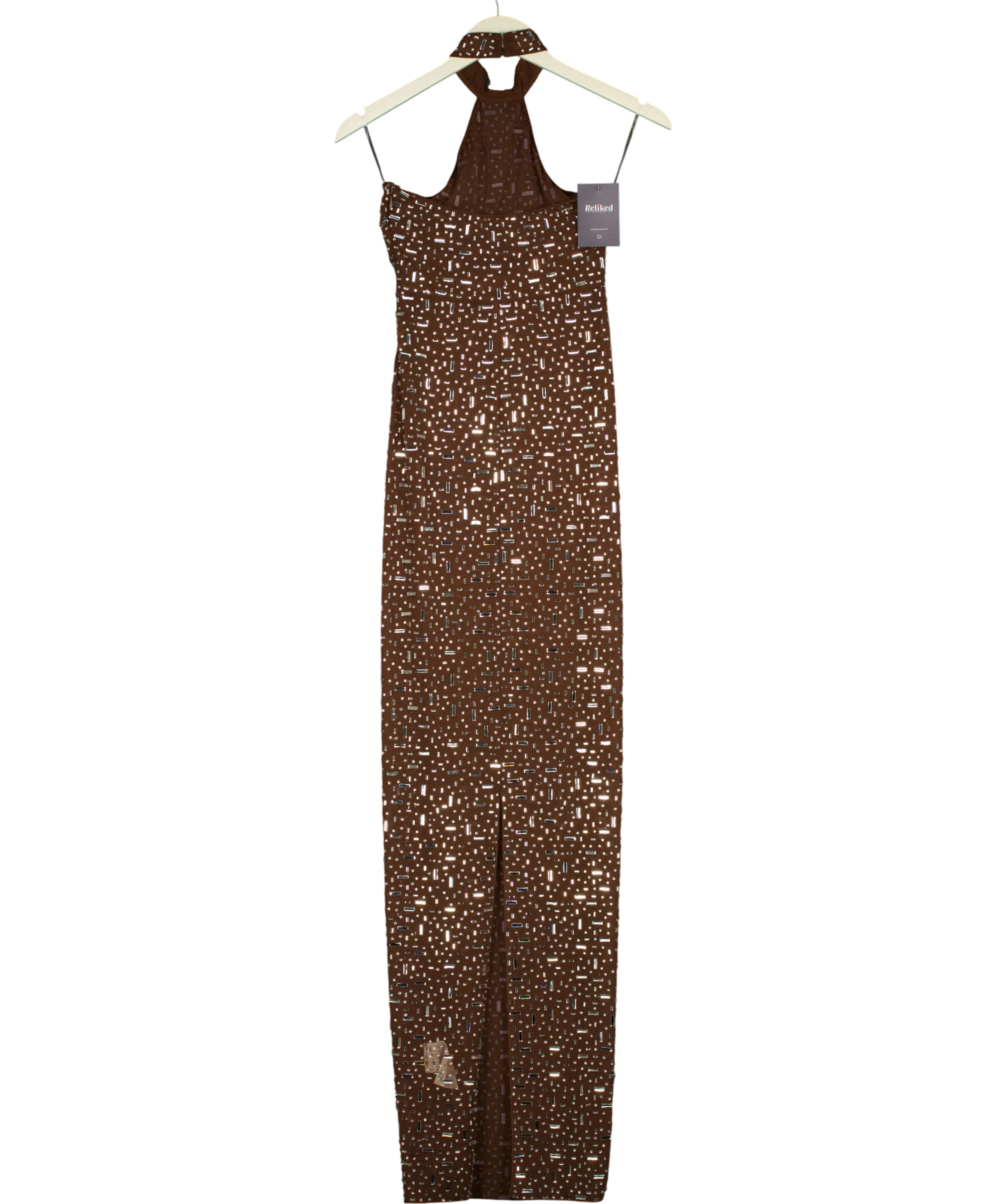 OH POLLY Brown Désirée Brown Crystal Halter Maxi Dress, size UK 8 — back
