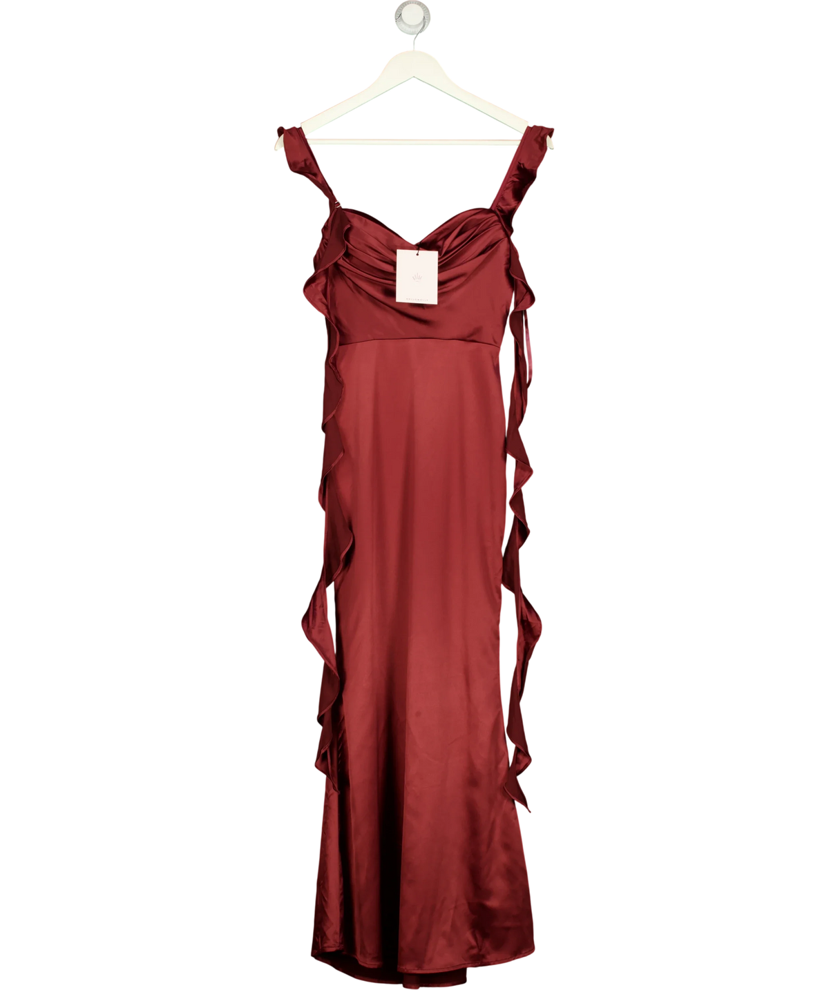 Hello Molly burgundy Romance High Satin Maxi Dress, size UK S — front
