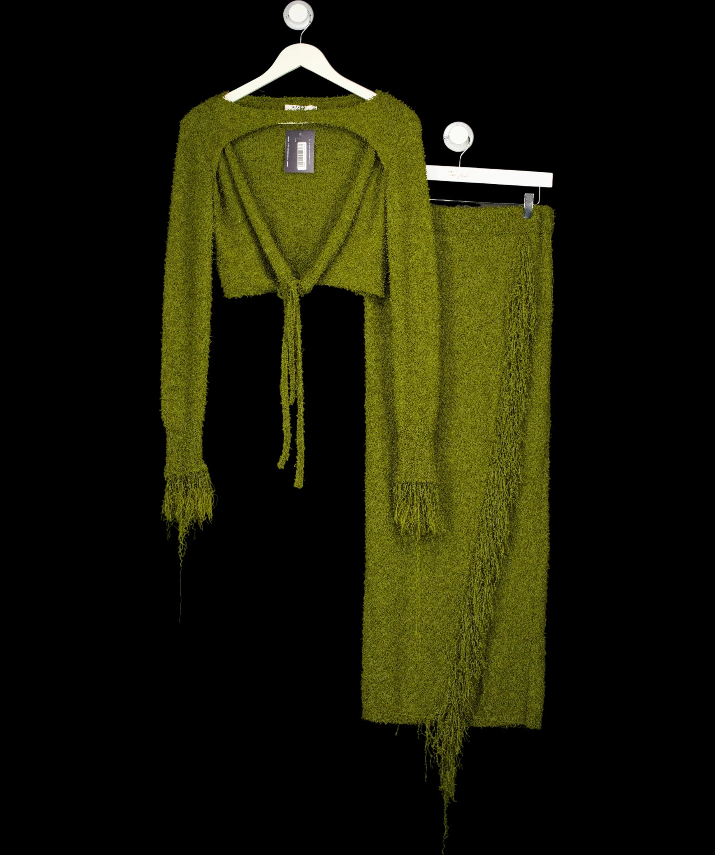 NA-KD Green Knitted Overlap Fringe Detail Top and Midi Skirt Set Khaki green, size UK S — detail