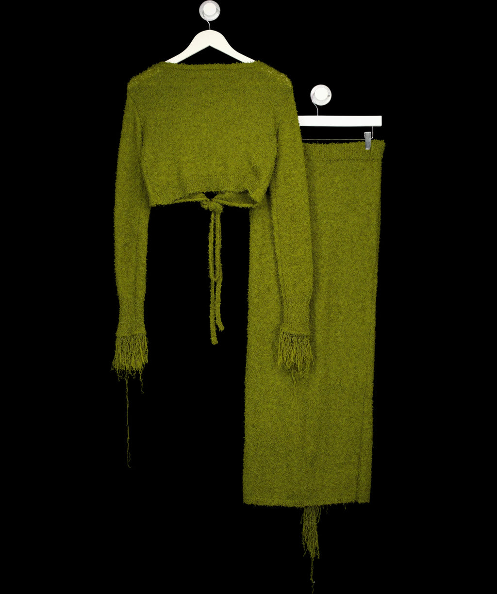 NA-KD Green Knitted Overlap Fringe Detail Top and Midi Skirt Set Khaki green, size UK S — label