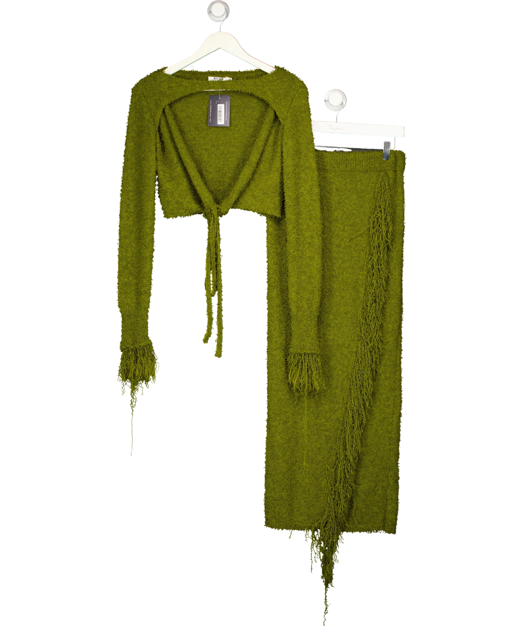 NA-KD Green Knitted Overlap Fringe Detail Top and Midi Skirt Set Khaki green, size UK S — front