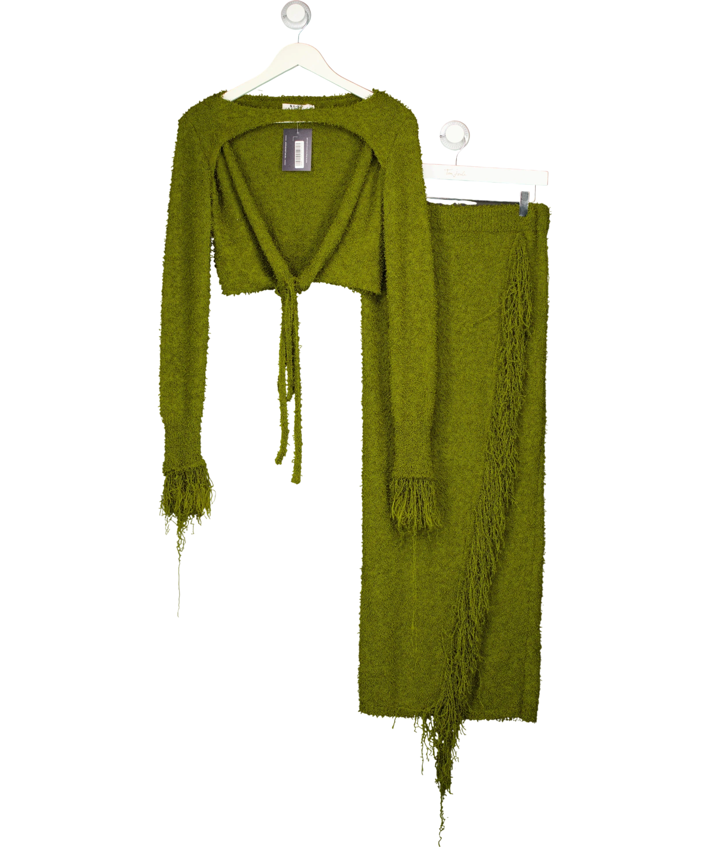 NA-KD Green Knitted Overlap Fringe Detail Top and Midi Skirt Set Khaki green, size UK S — front