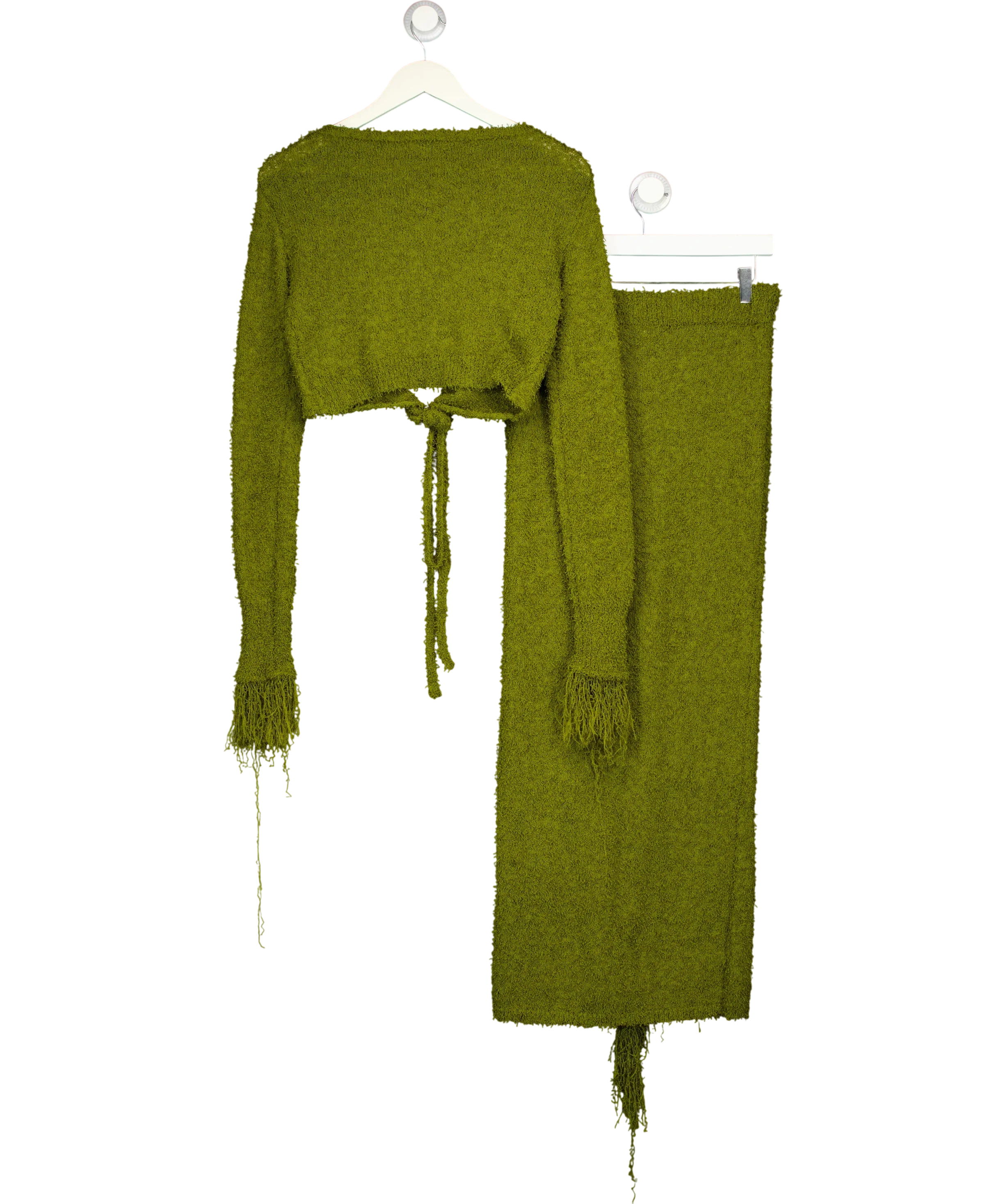 NA-KD Green Knitted Overlap Fringe Detail Top and Midi Skirt Set Khaki green, size UK S — back