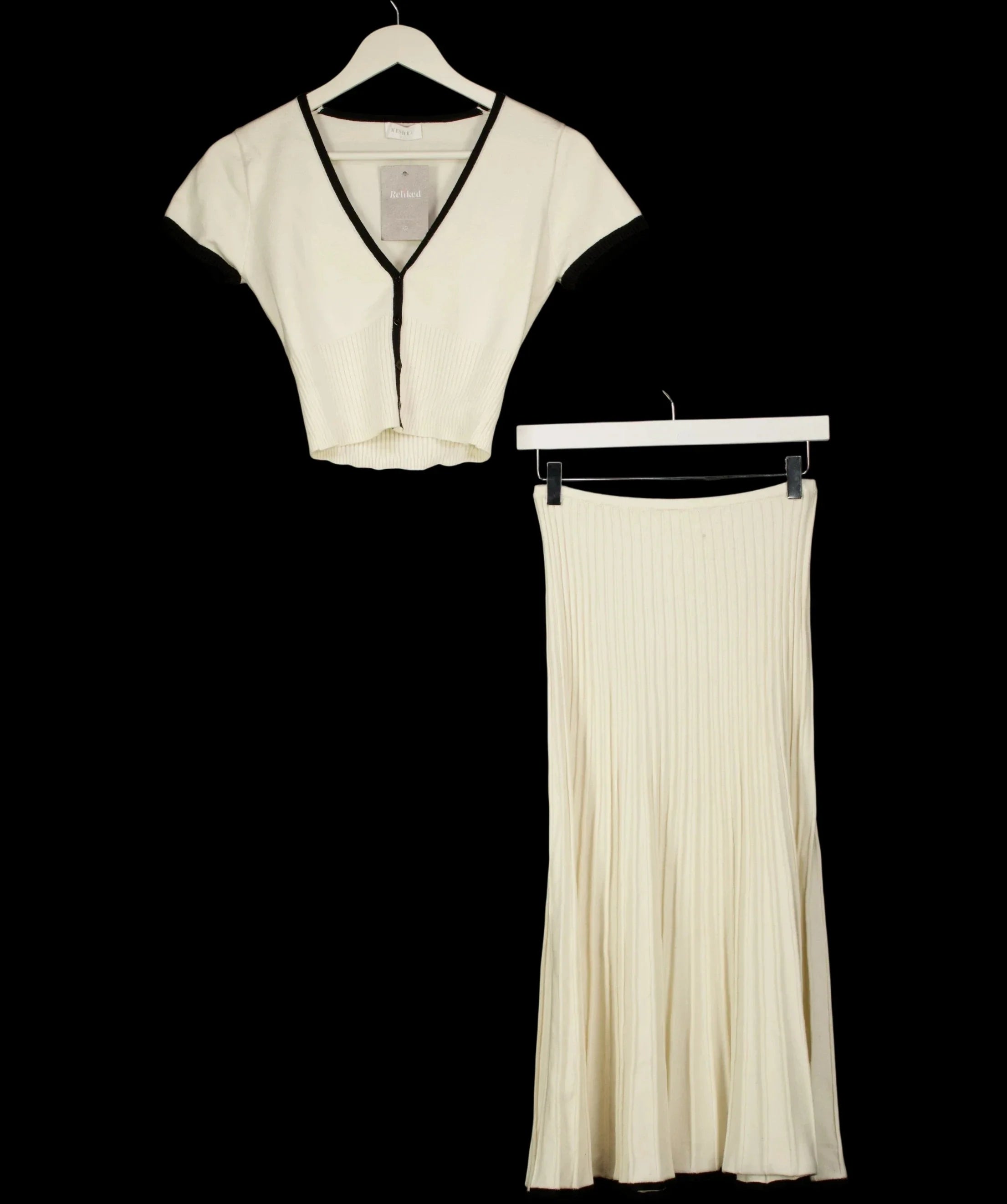 Meshki Cream Jolene Contrast Knit Top and Midi Skirt Set, size UK S — detail