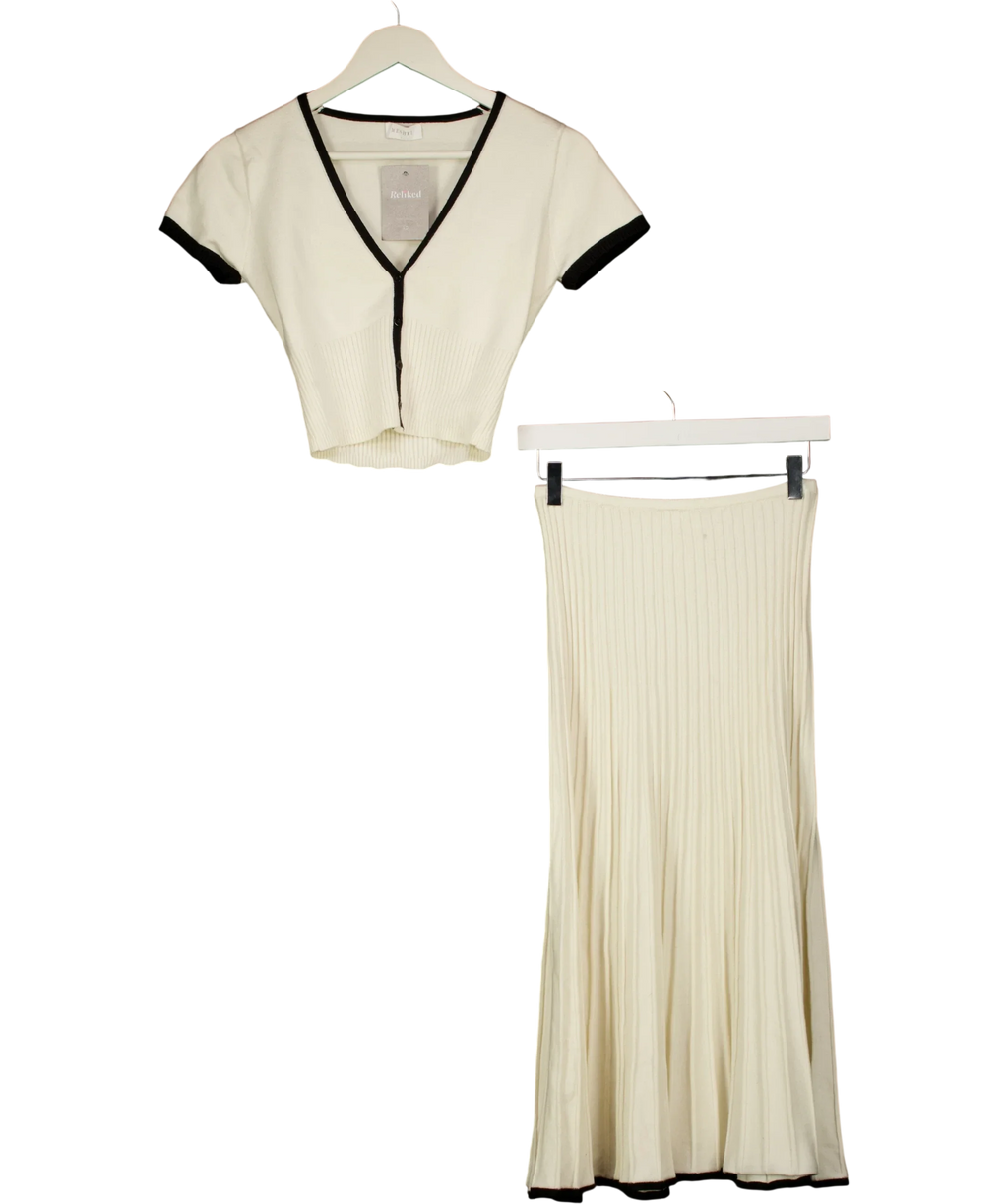 Meshki Cream Jolene Contrast Knit Top and Midi Skirt Set, size UK S — front