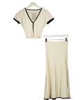 Meshki Cream Jolene Contrast Knit Top and Midi Skirt Set, size UK S — front