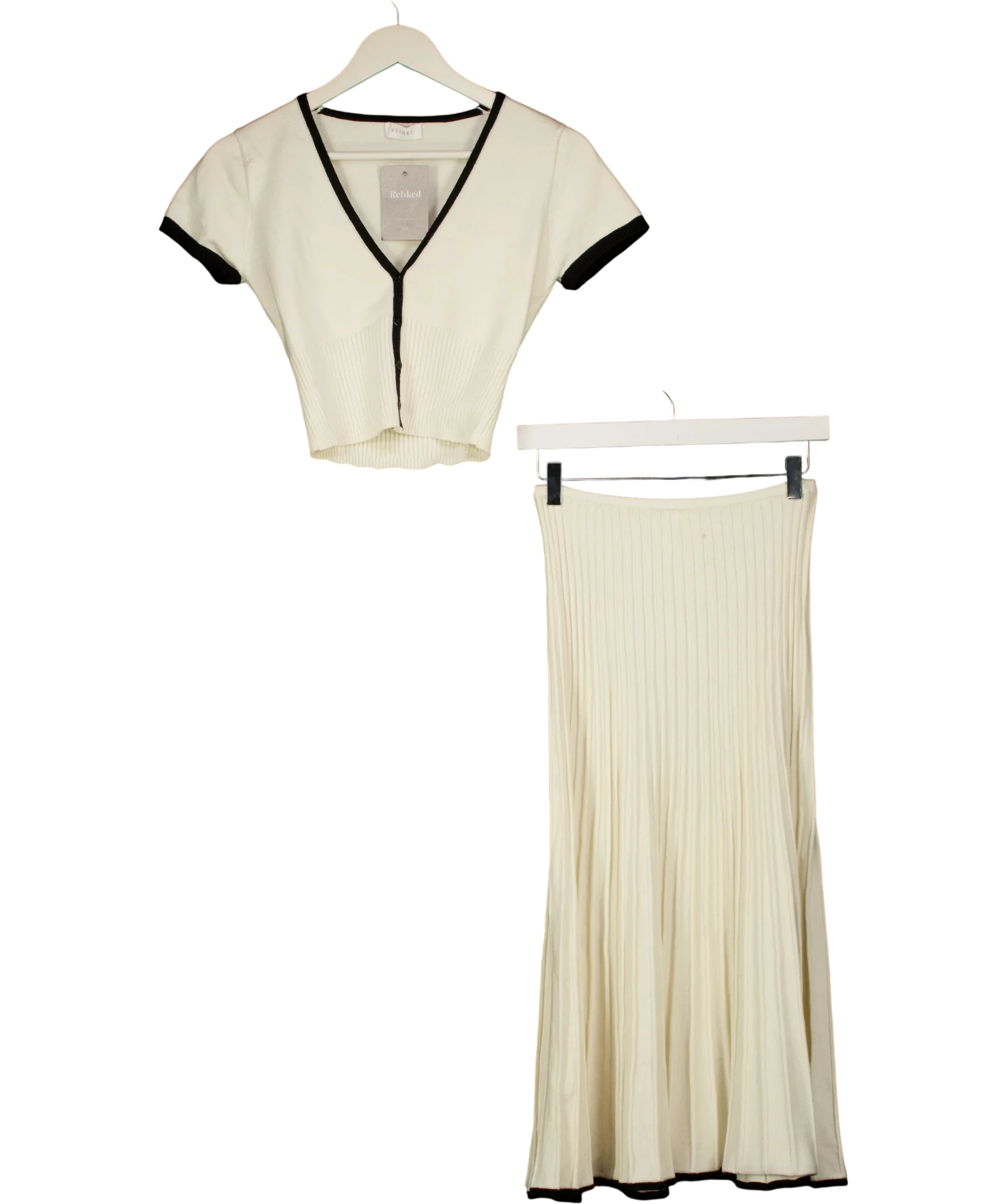 Meshki Cream Jolene Contrast Knit Top and Midi Skirt Set, size UK S — front