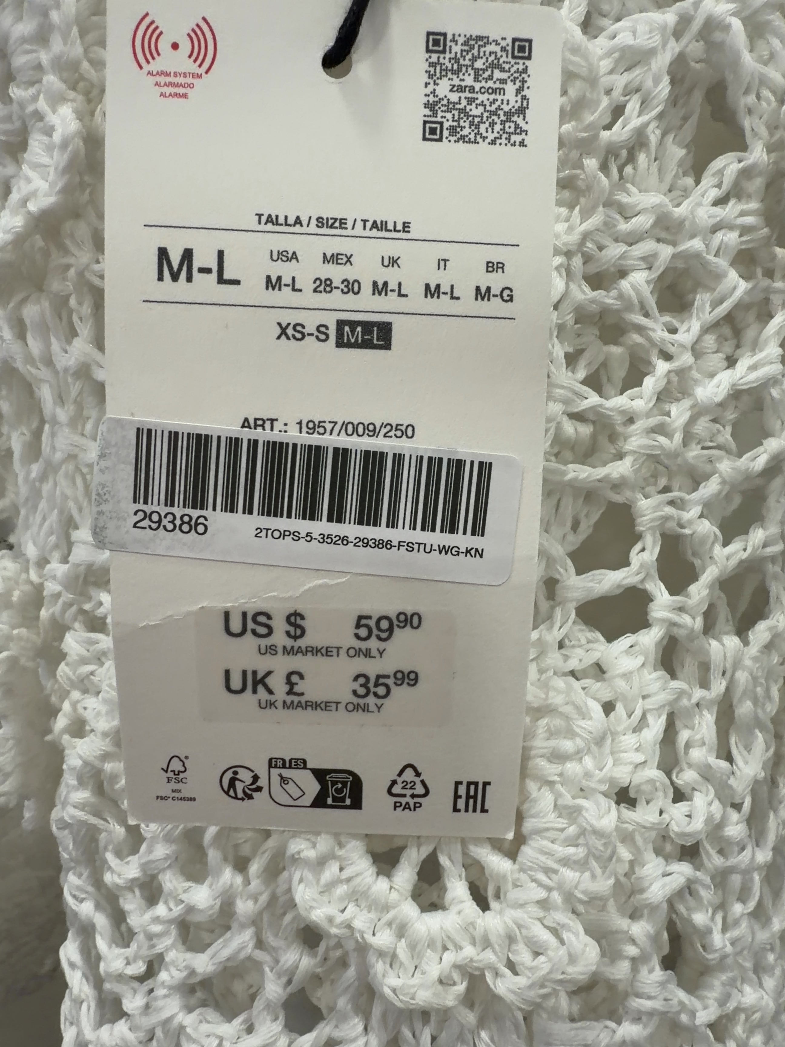 ZARA White Limited Edition Floral Crochet Knit Top White, size UK M/L — label