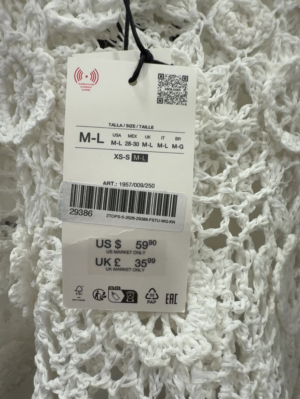 ZARA White Limited Edition Floral Crochet Knit Top White, size UK M/L — care label
