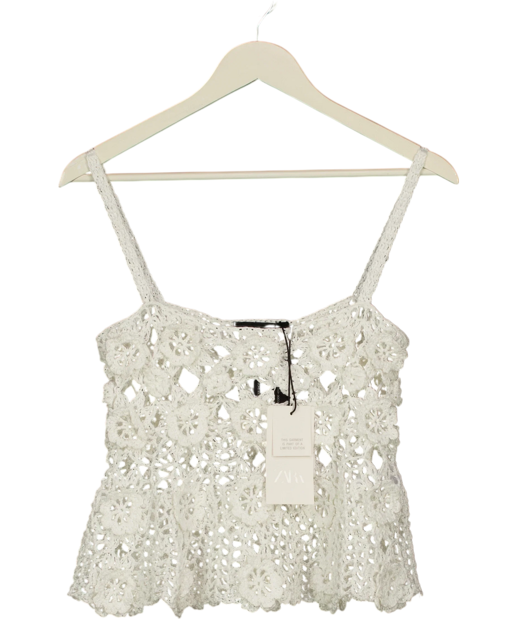 ZARA White Limited Edition Floral Crochet Knit Top White, size UK M/L — front