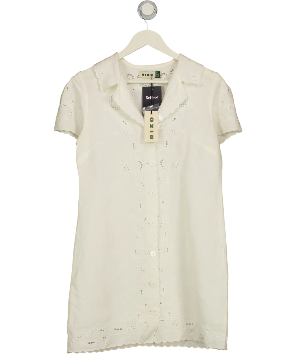 Rixo Cream Zayanna Esther Cutwork Embroidered Mini Dress, size UK 8 — front