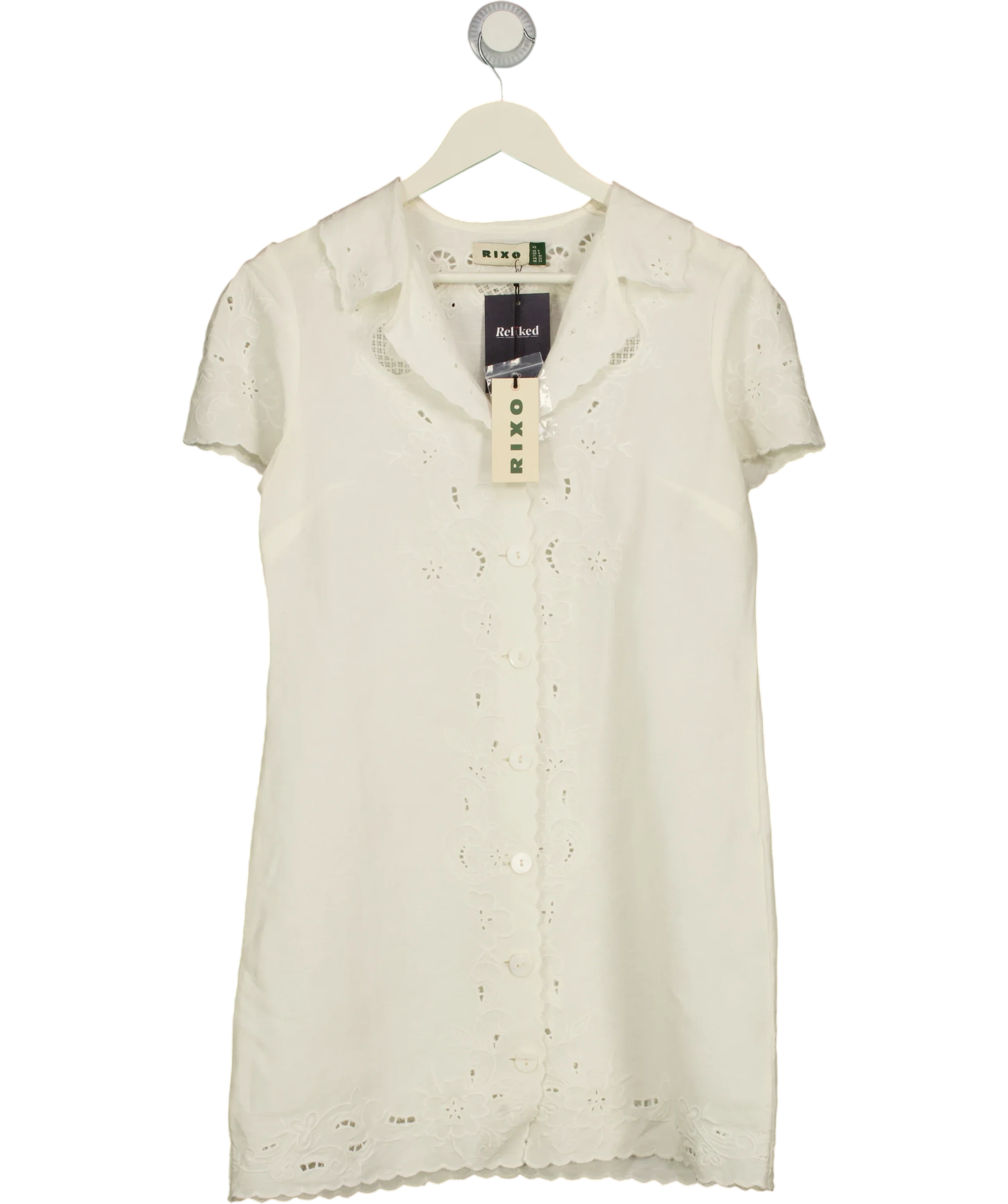 Rixo Cream Zayanna Esther Cutwork Embroidered Mini Dress, size UK 8 — front