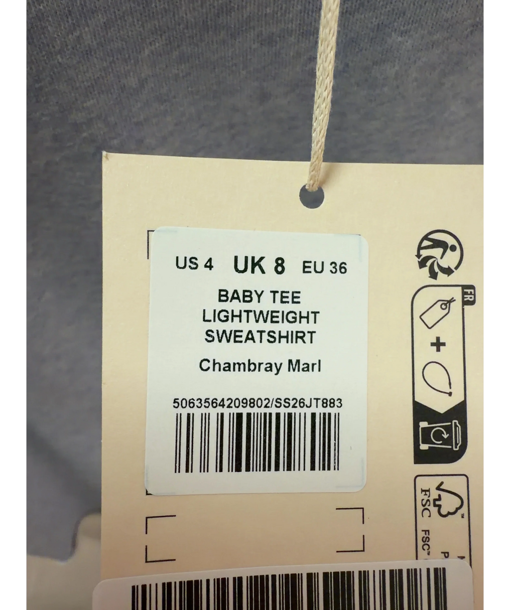 ME + EM Blue Baby Tee Lightweight Sweatshirt Chambray Blue Marl, size UK 8 — label