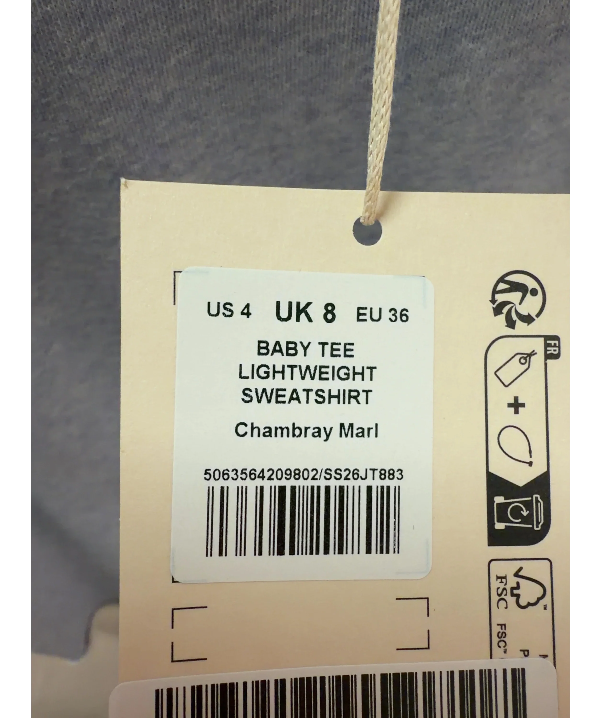 ME + EM Blue Baby Tee Lightweight Sweatshirt Chambray Blue Marl, size UK 8 — label