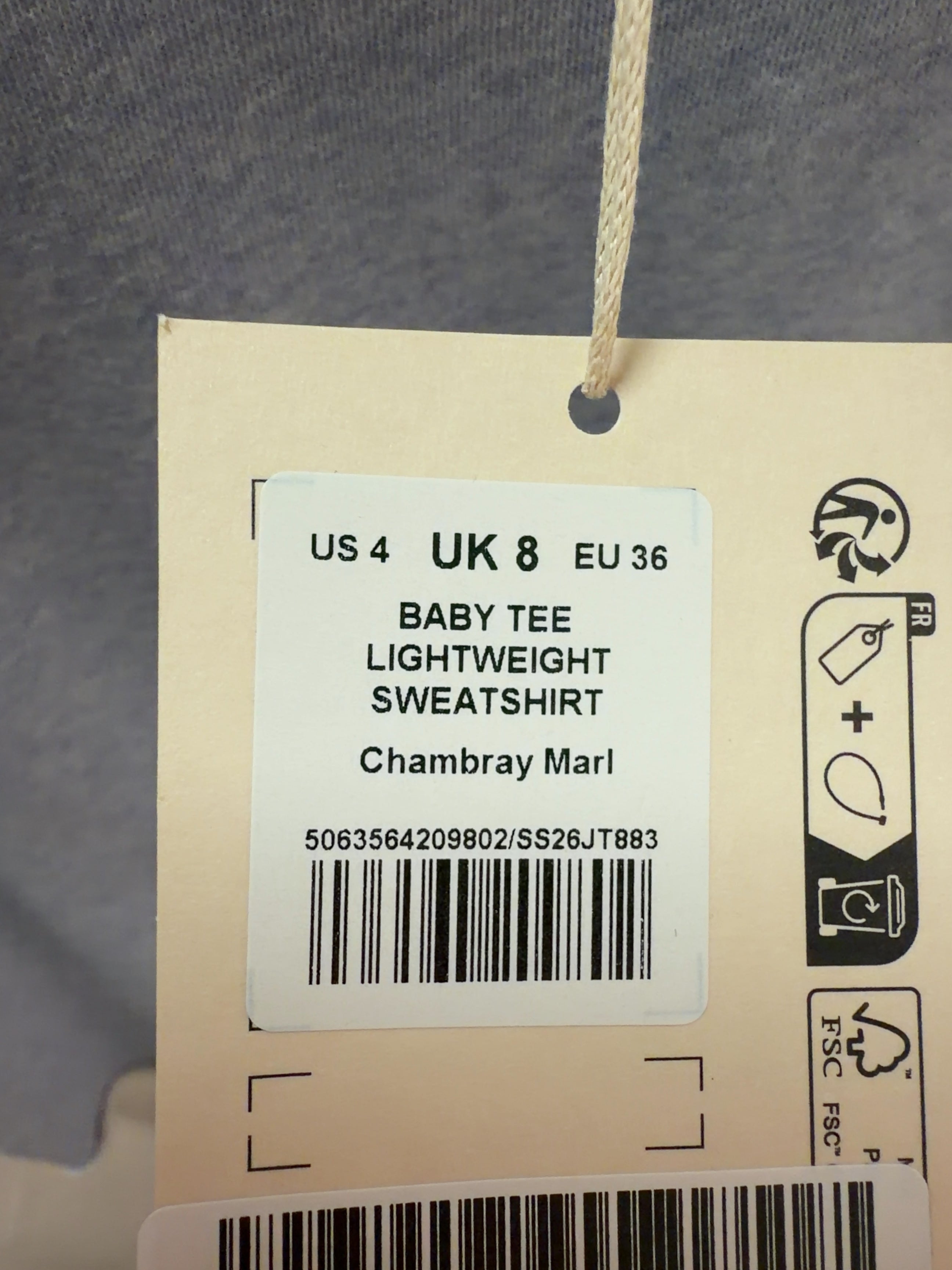 ME + EM Blue Baby Tee Lightweight Sweatshirt Chambray Blue Marl, size UK 8 — care label
