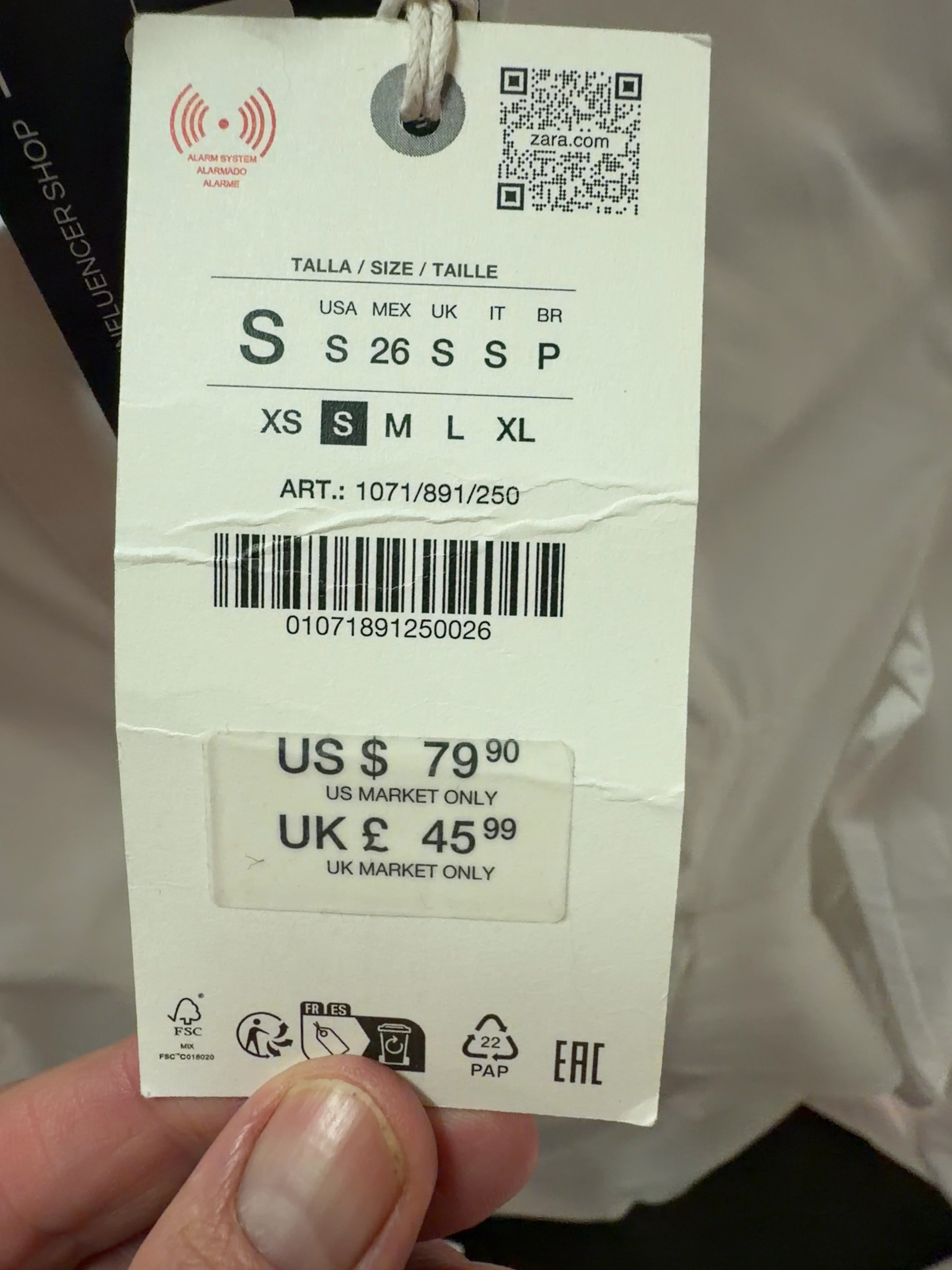 ZARA White Collection Poplin Peplum Shirt White, size UK S — care label