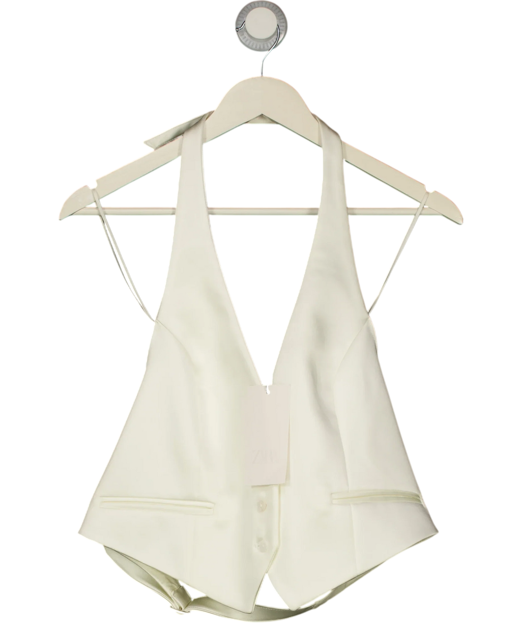 ZARA Cream Open Back Satin Waistcoat Top Oyster White S, size UK M — front