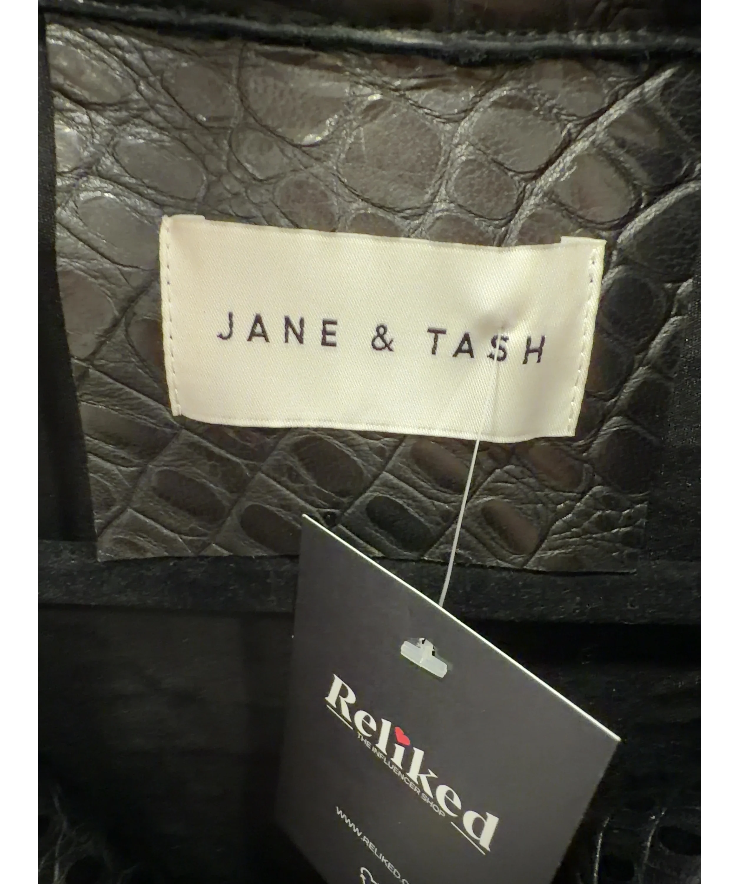 JANE & TASH Black Cropped Croc-Embossed Leather Jacket Black, size UK M — detail