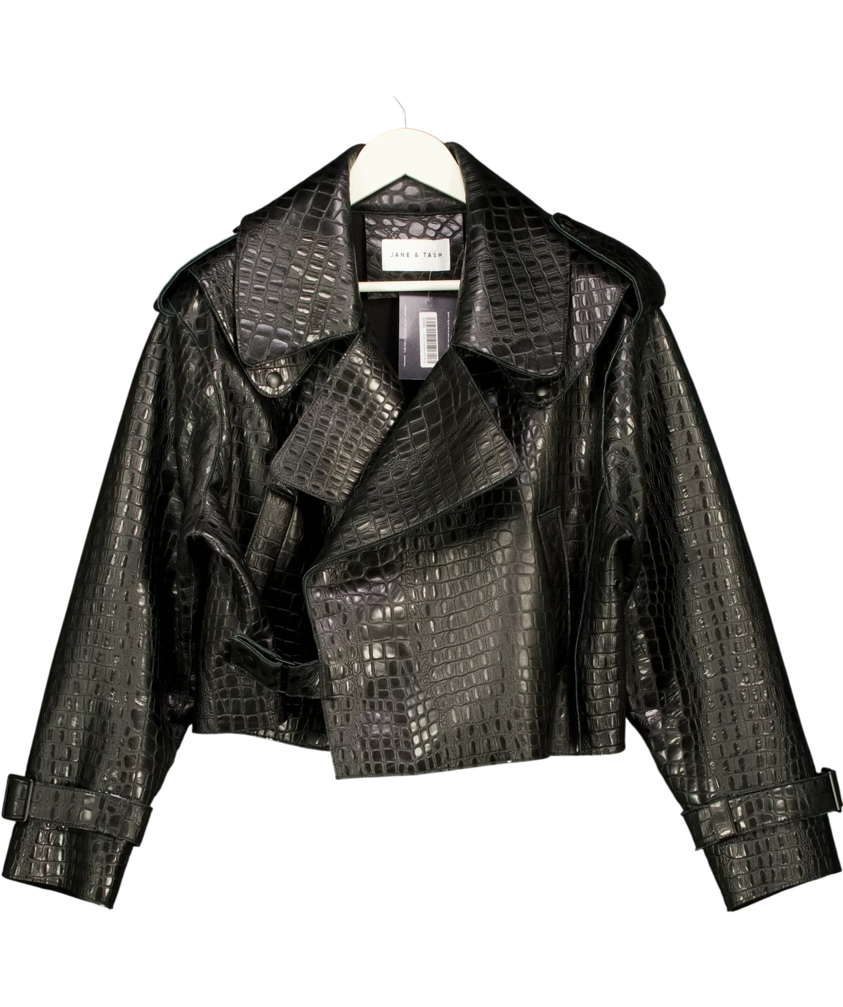 JANE & TASH Black Cropped Croc-Embossed Leather Jacket Black, size UK M — front
