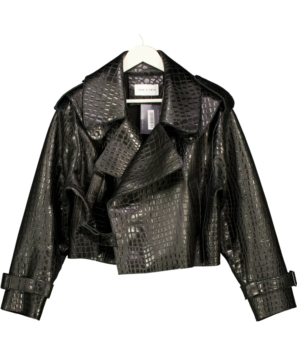 JANE & TASH Black Cropped Croc-Embossed Leather Jacket Black, size UK M — front