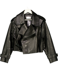 JANE & TASH Black Cropped Croc-Embossed Leather Jacket Black, size UK M — front