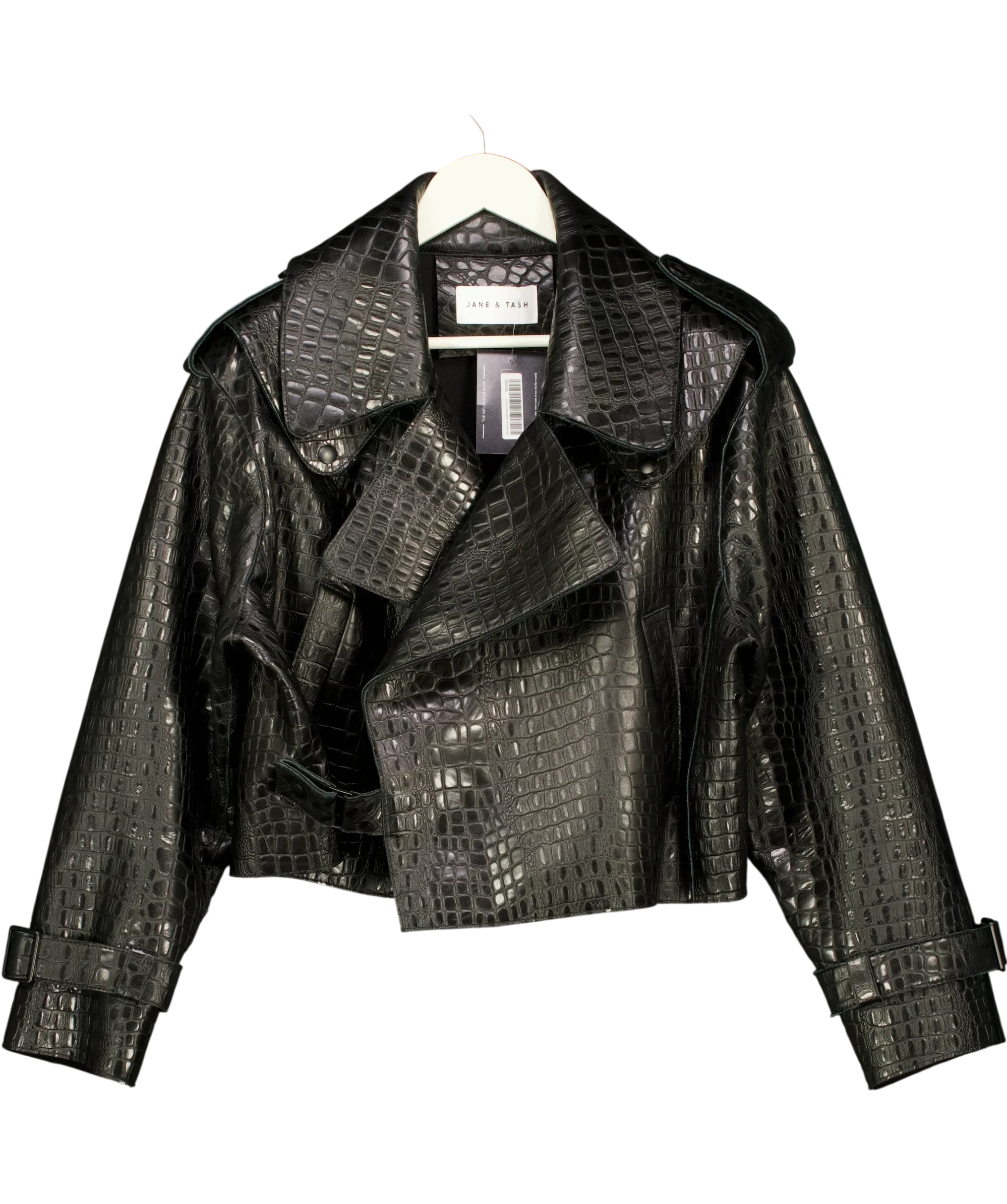JANE & TASH Black Cropped Croc-Embossed Leather Jacket Black, size UK M — front