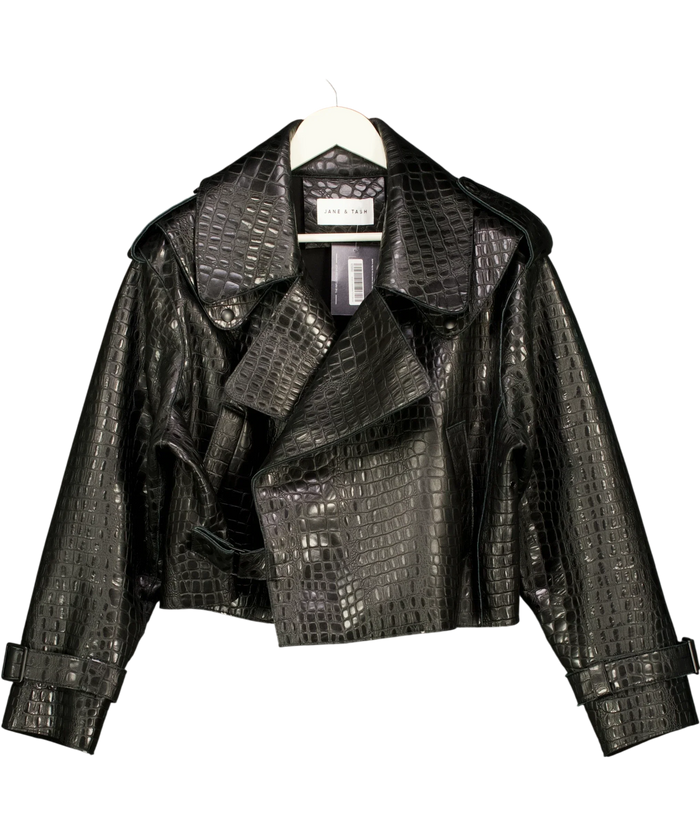 JANE & TASH Cropped Croc-embossed Leather Jacket Black UK M