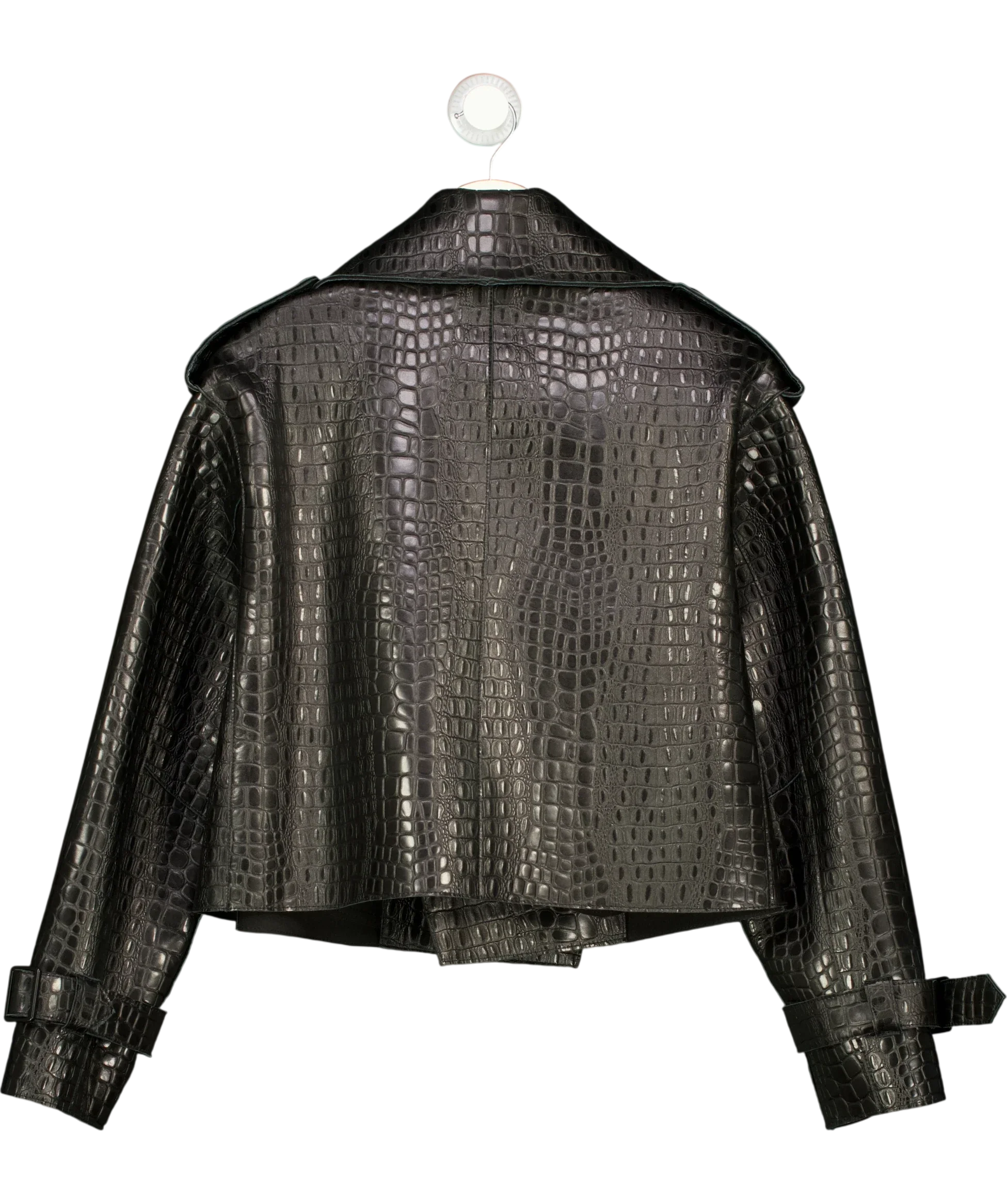 JANE & TASH Black Cropped Croc-Embossed Leather Jacket Black, size UK M — back
