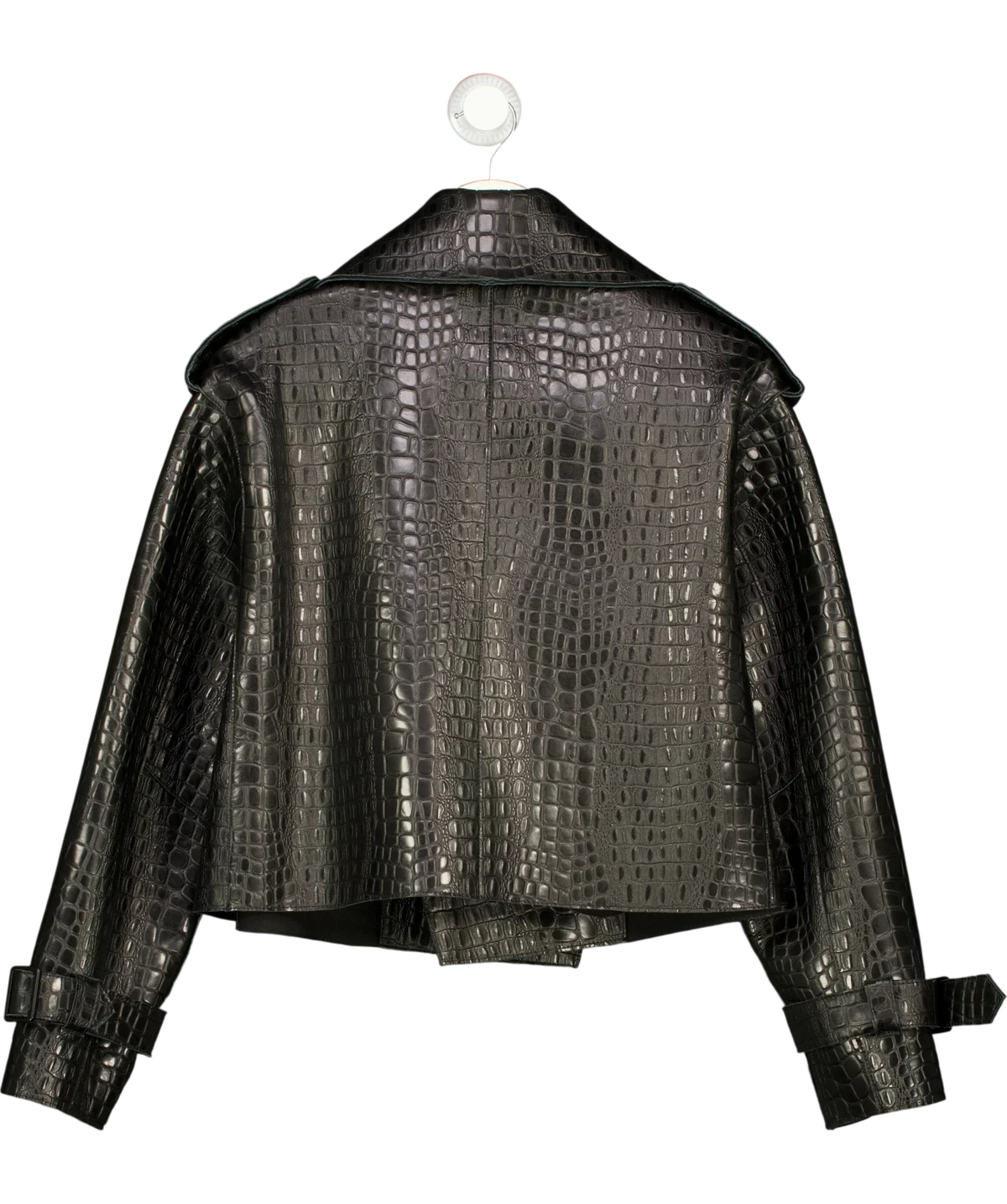 JANE & TASH Black Cropped Croc-Embossed Leather Jacket Black, size UK M — back