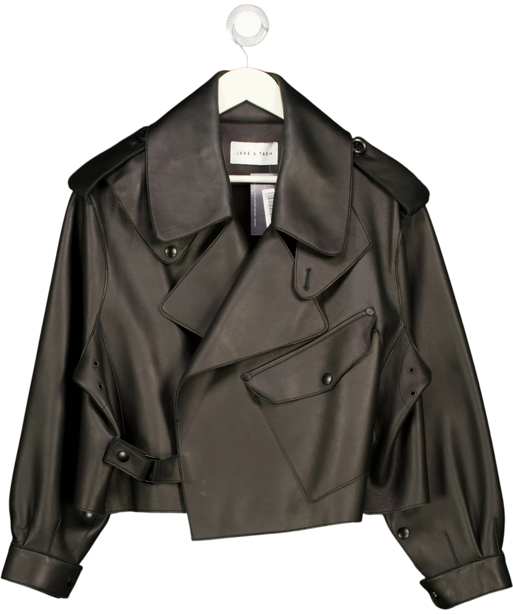 JANE & TASH Black Cropped Oversized Leather Jacket Black, size UK L — front