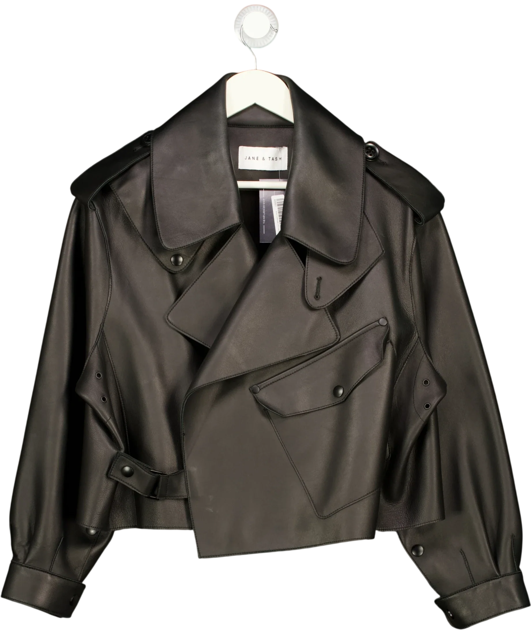 JANE & TASH Black Cropped Oversized Leather Jacket Black, size UK L — front