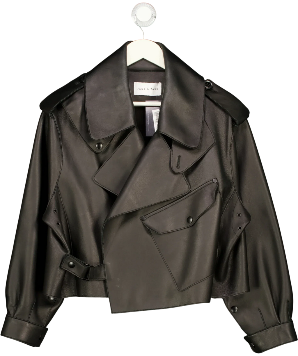 JANE & TASH Black Cropped Oversized Leather Jacket Black, size UK L — front