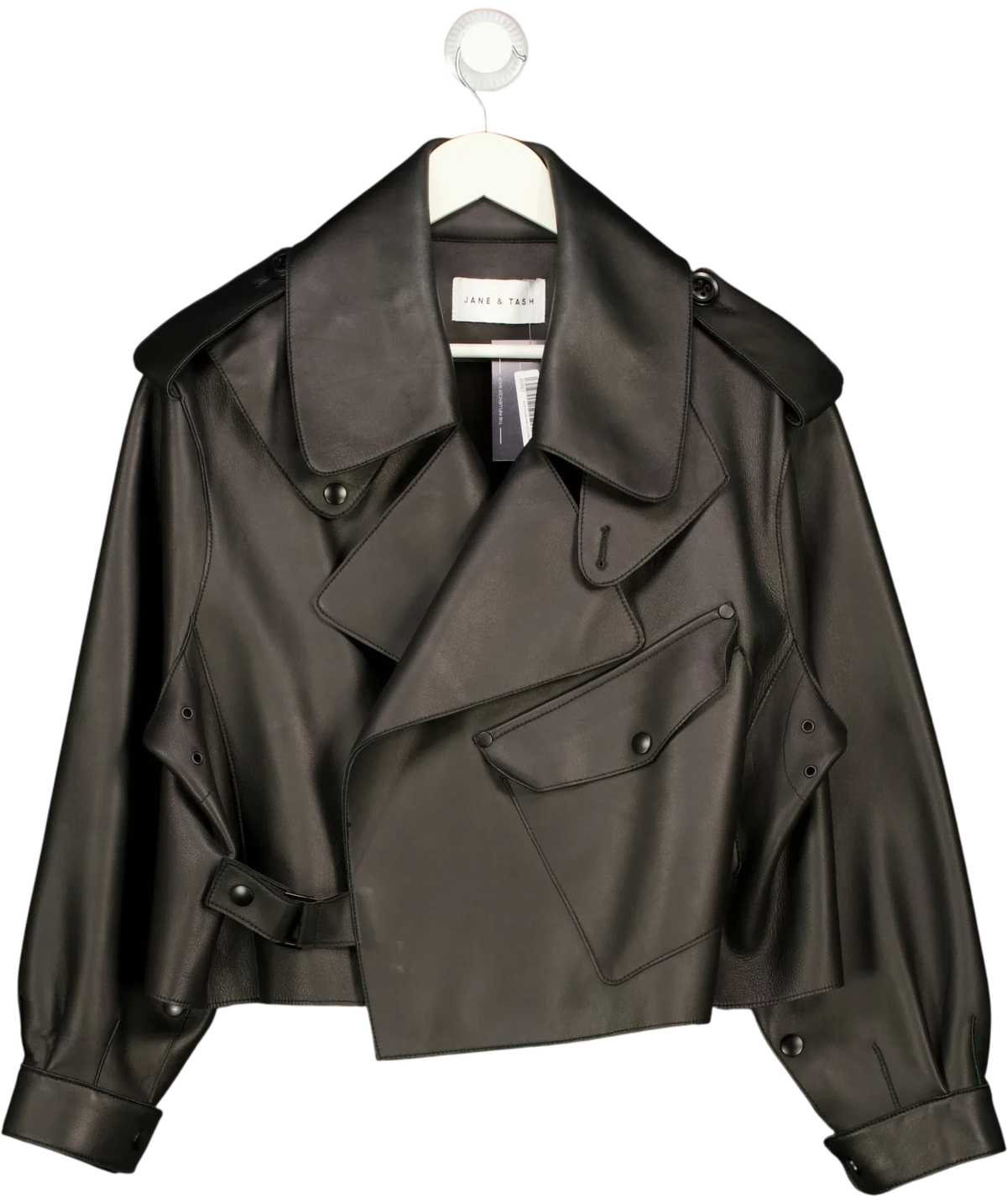 JANE & TASH Black Cropped Oversized Leather Jacket Black, size UK L — front