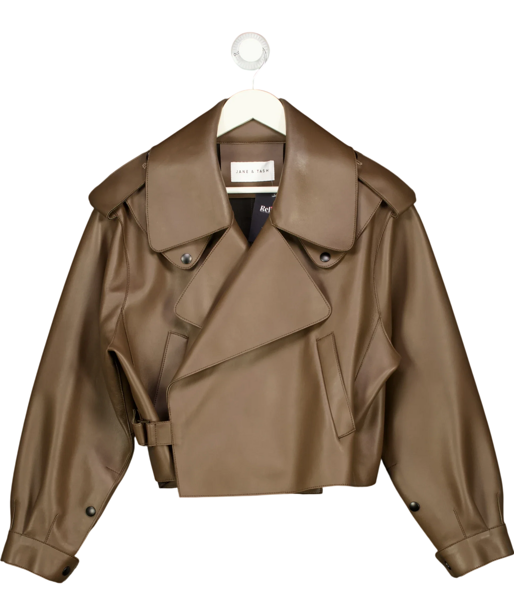 JANE & TASH Brown Cropped Oversized Leather Jacket Brown, size UK M — front