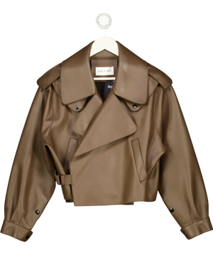 JANE & TASH Cropped Oversized Leather Jacket Brown UK M