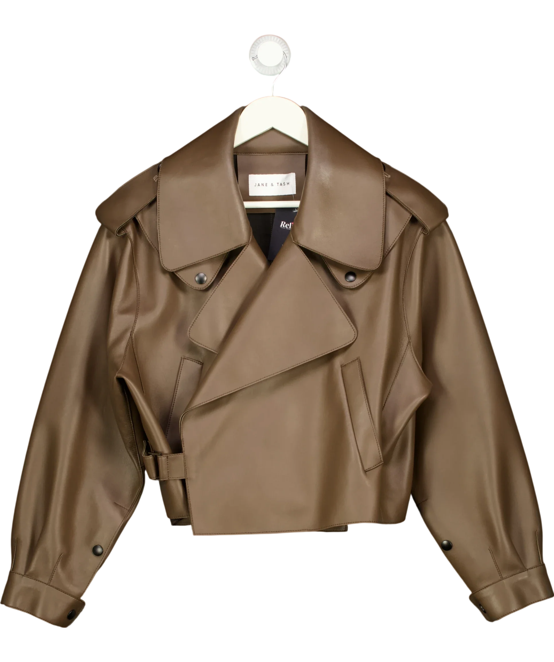 JANE & TASH Brown Cropped Oversized Leather Jacket Brown, size UK M — front