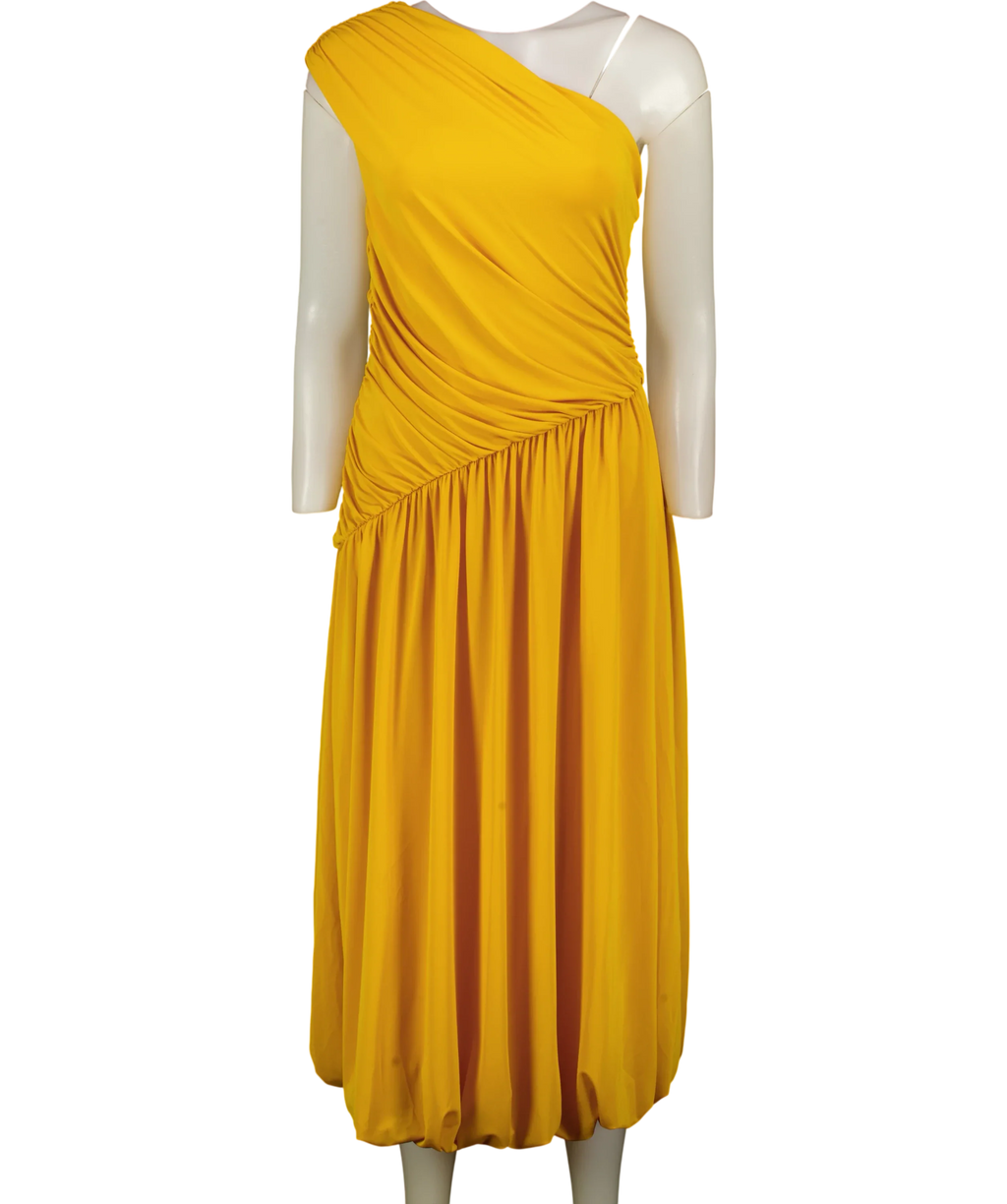H&M Yellow Edition Jerry Yellow One-Shoulder Bubble-Hem Dress, size UK S — front