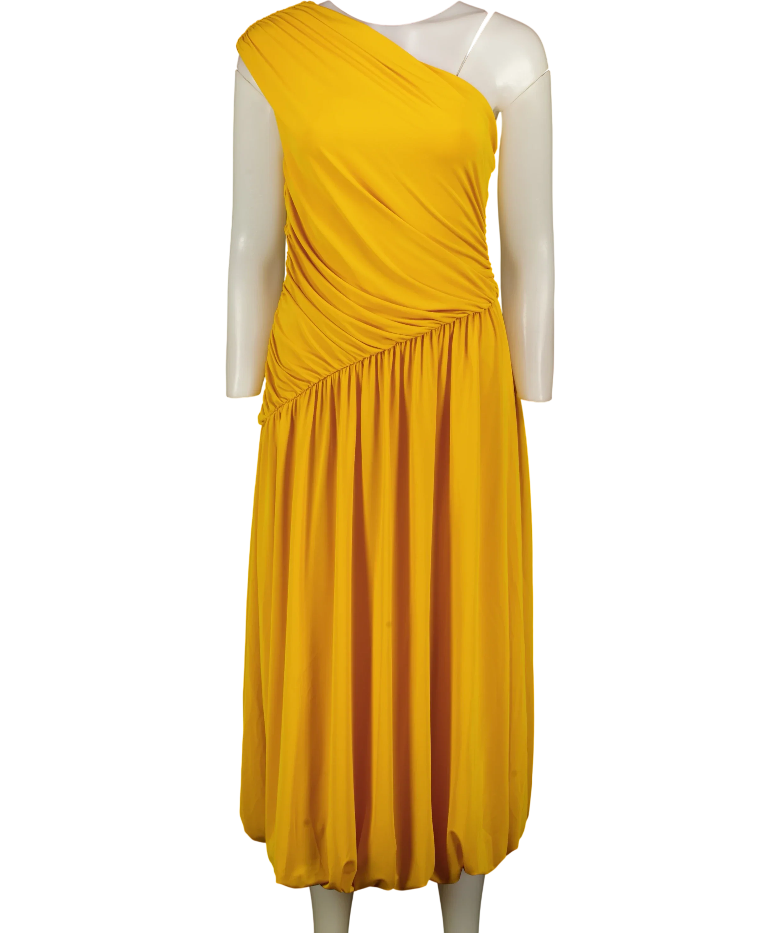 H&M Yellow Edition Jerry Yellow One-Shoulder Bubble-Hem Dress, size UK S — front