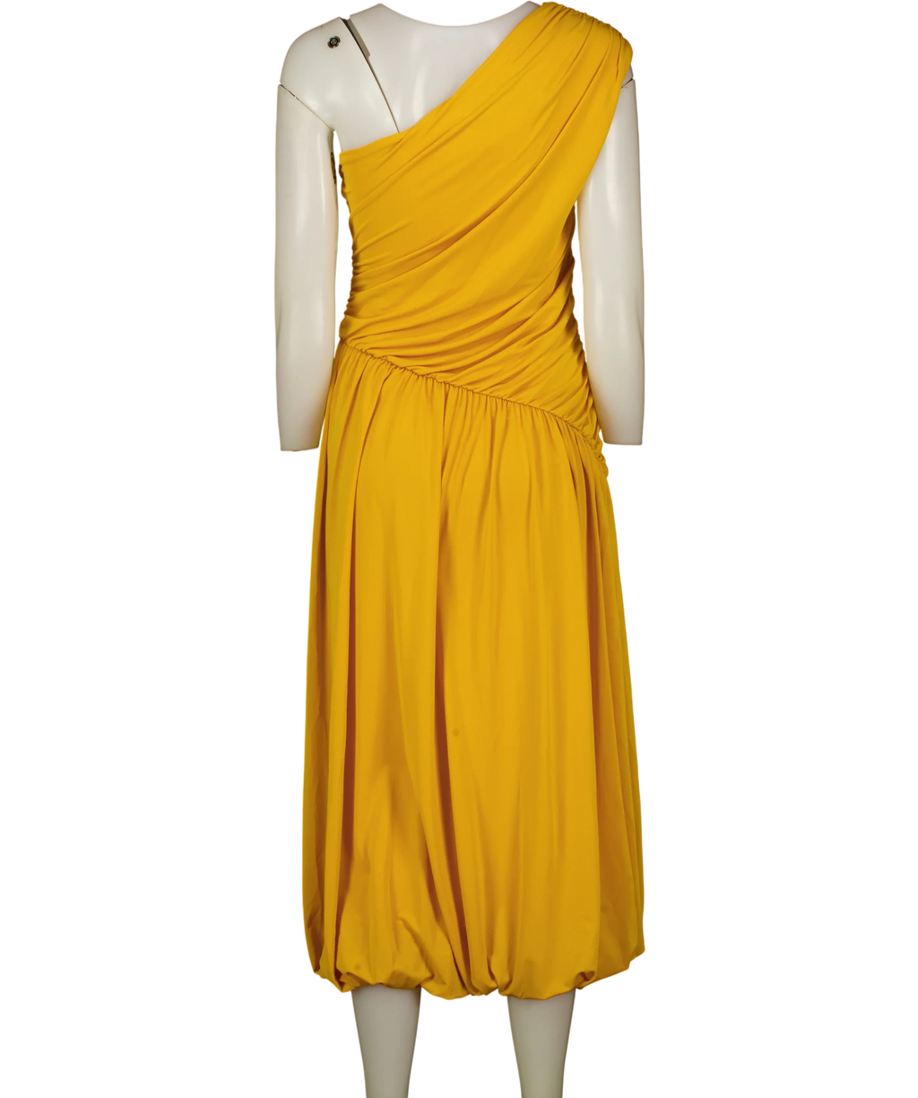 H&M Yellow Edition Jerry Yellow One-Shoulder Bubble-Hem Dress, size UK S — back