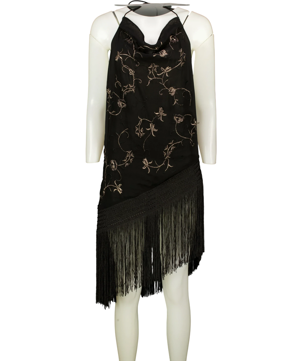 ZARA Black ZW Collection Embroidered Fringe Halter Top Black, size UK S — front
