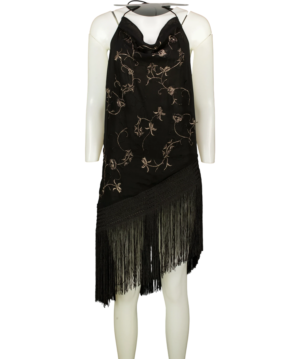 ZARA Black ZW Collection Embroidered Fringe Halter Top Black, size UK S — front
