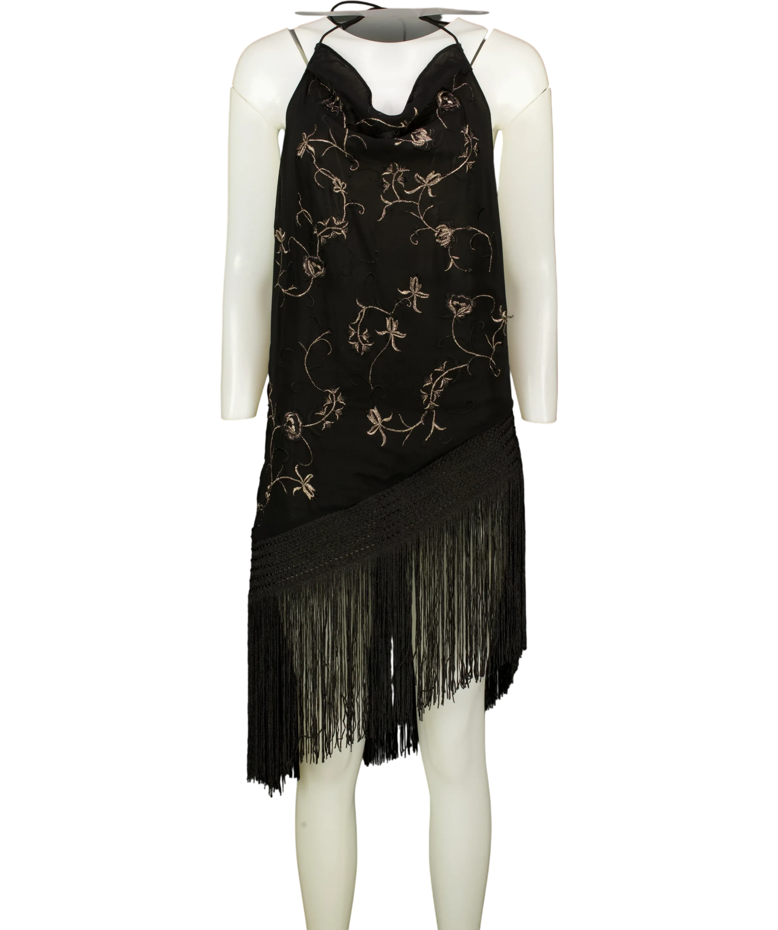 ZARA Black ZW Collection Embroidered Fringe Halter Top Black, size UK S — front