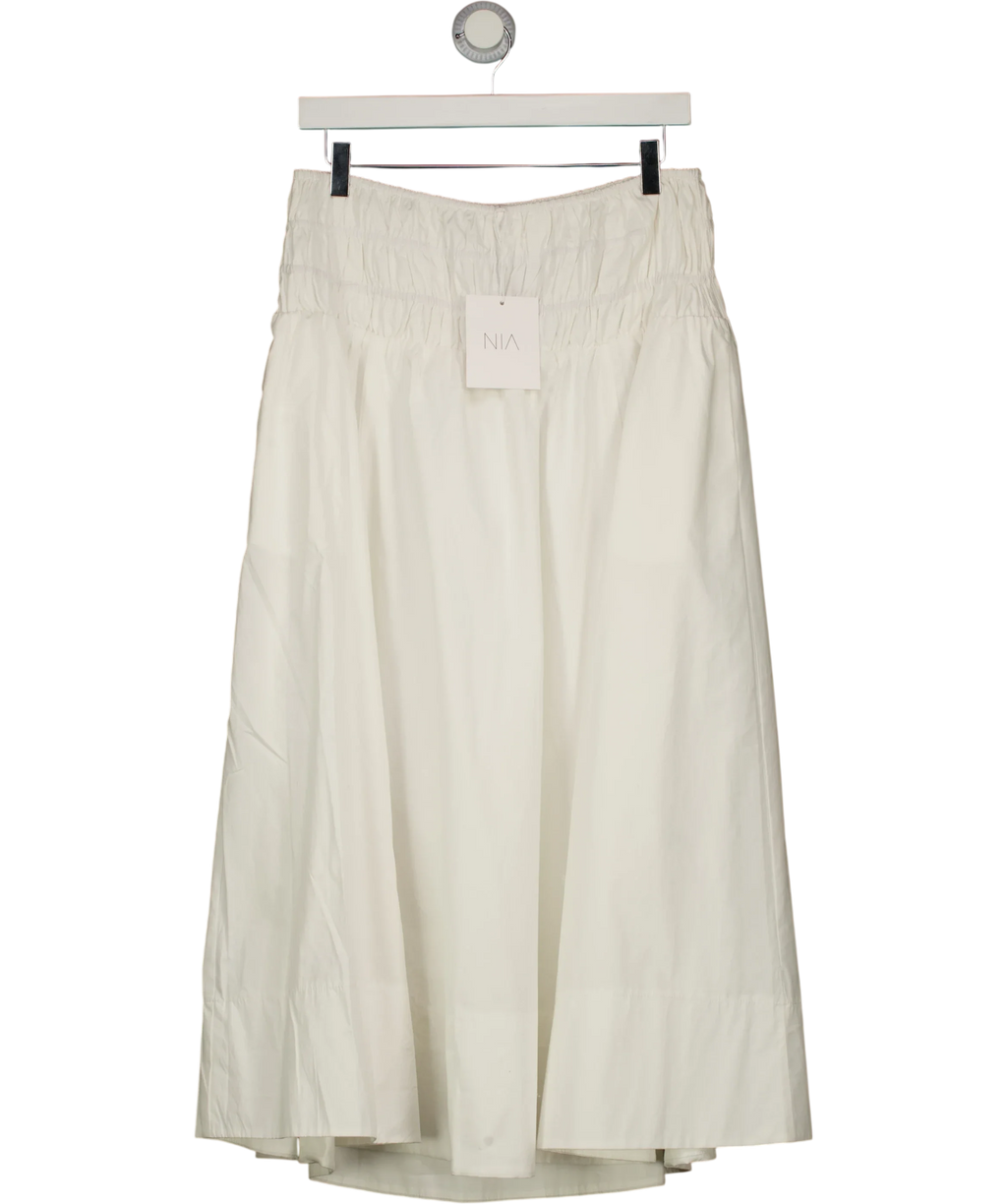 NIA White Aurora Smocked Waist Cotton Midi Skirt White, size UK L — front