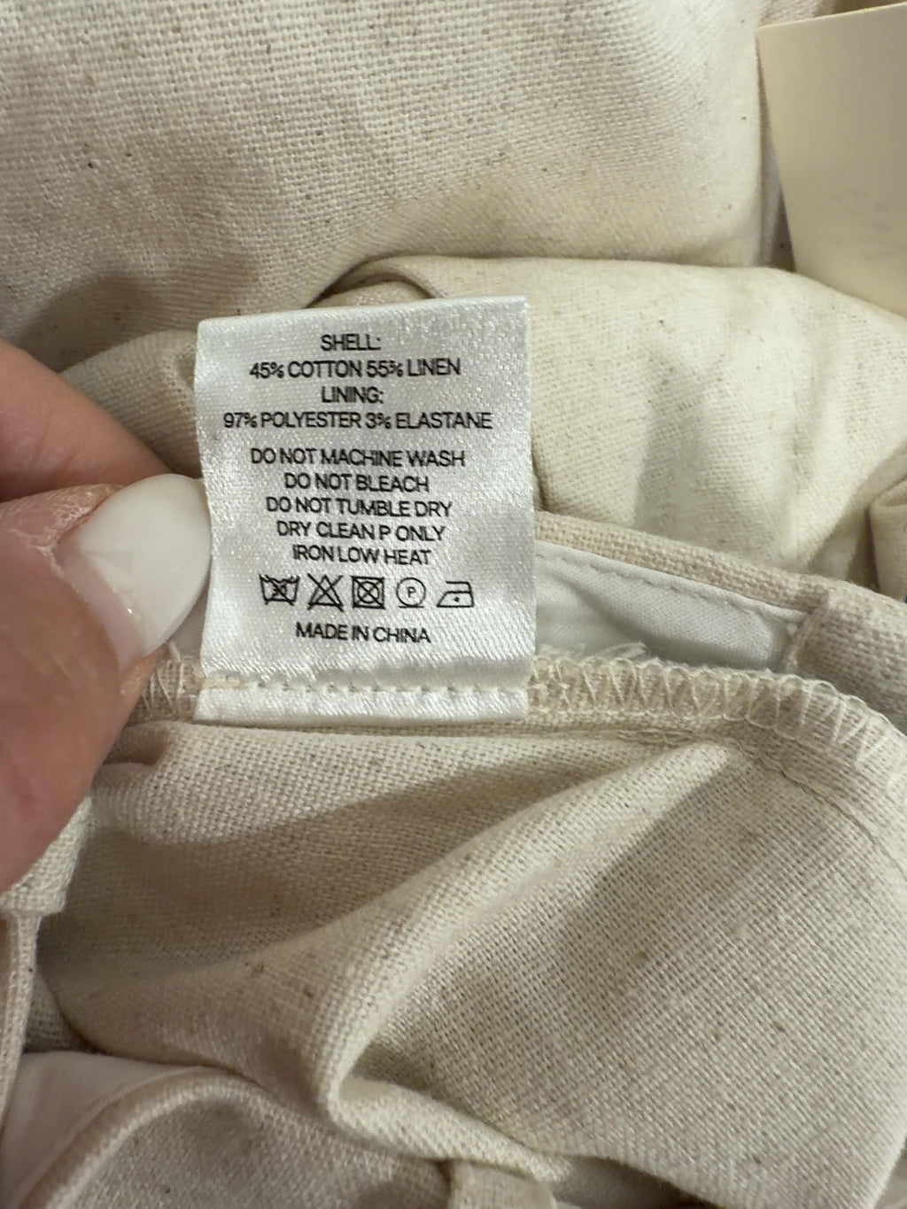ATELIER NINETY FIVE Cream Balloon Hem Cotton and Linen Blend Trousers Linen Cream, size UK M — label