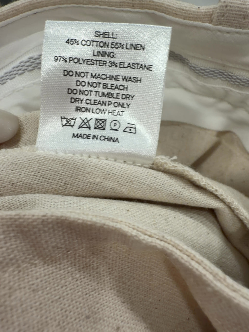 ATELIER NINETY FIVE Cream Balloon Hem Cotton and Linen Blend Trousers Linen Cream, size UK M — care label