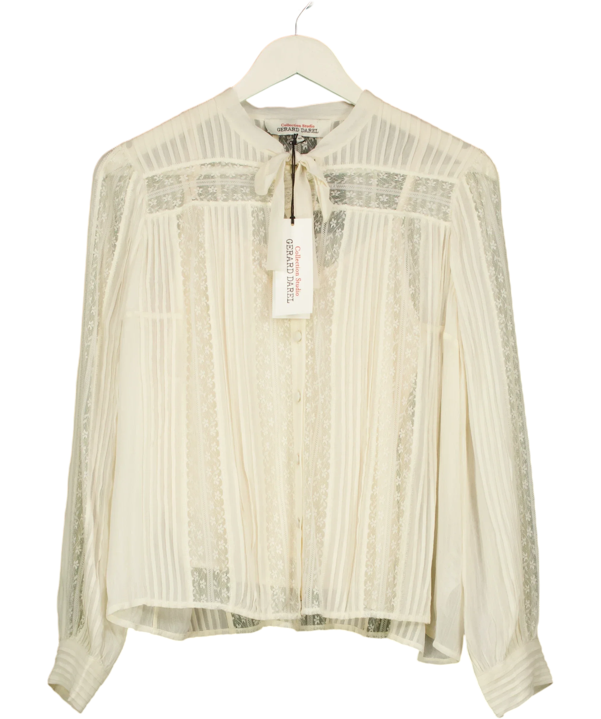 Gerard Darel Cream Cyrana Lace Pussy-Bow Blouse Blanc Size FR 40, size UK 12 — front