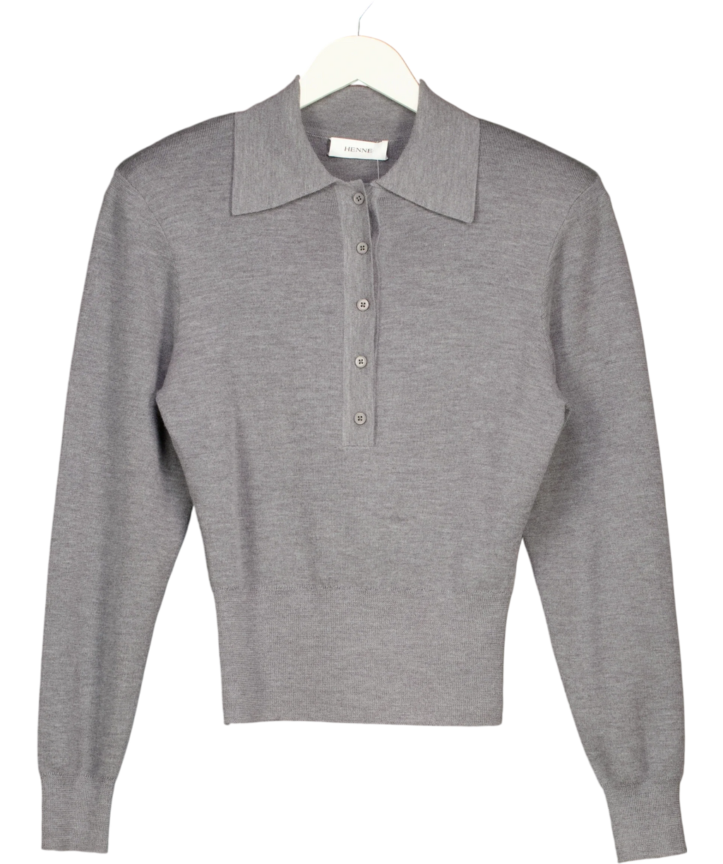 HENNE Grey Grey Long Sleeve Button Polo MERINO WOOL Knit Jumper, size UK S — front