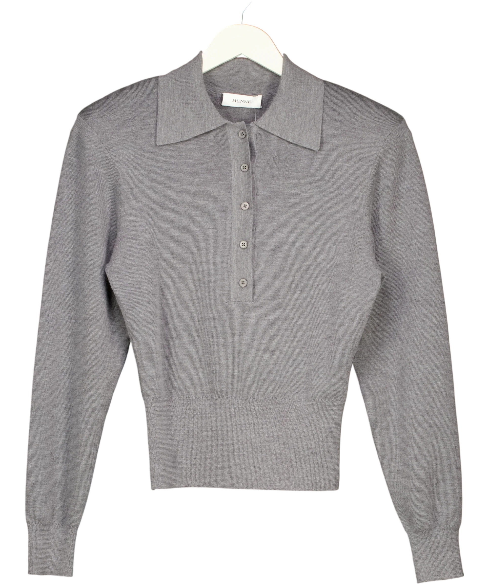 HENNE Grey Grey Long Sleeve Button Polo MERINO WOOL Knit Jumper, size UK S — front