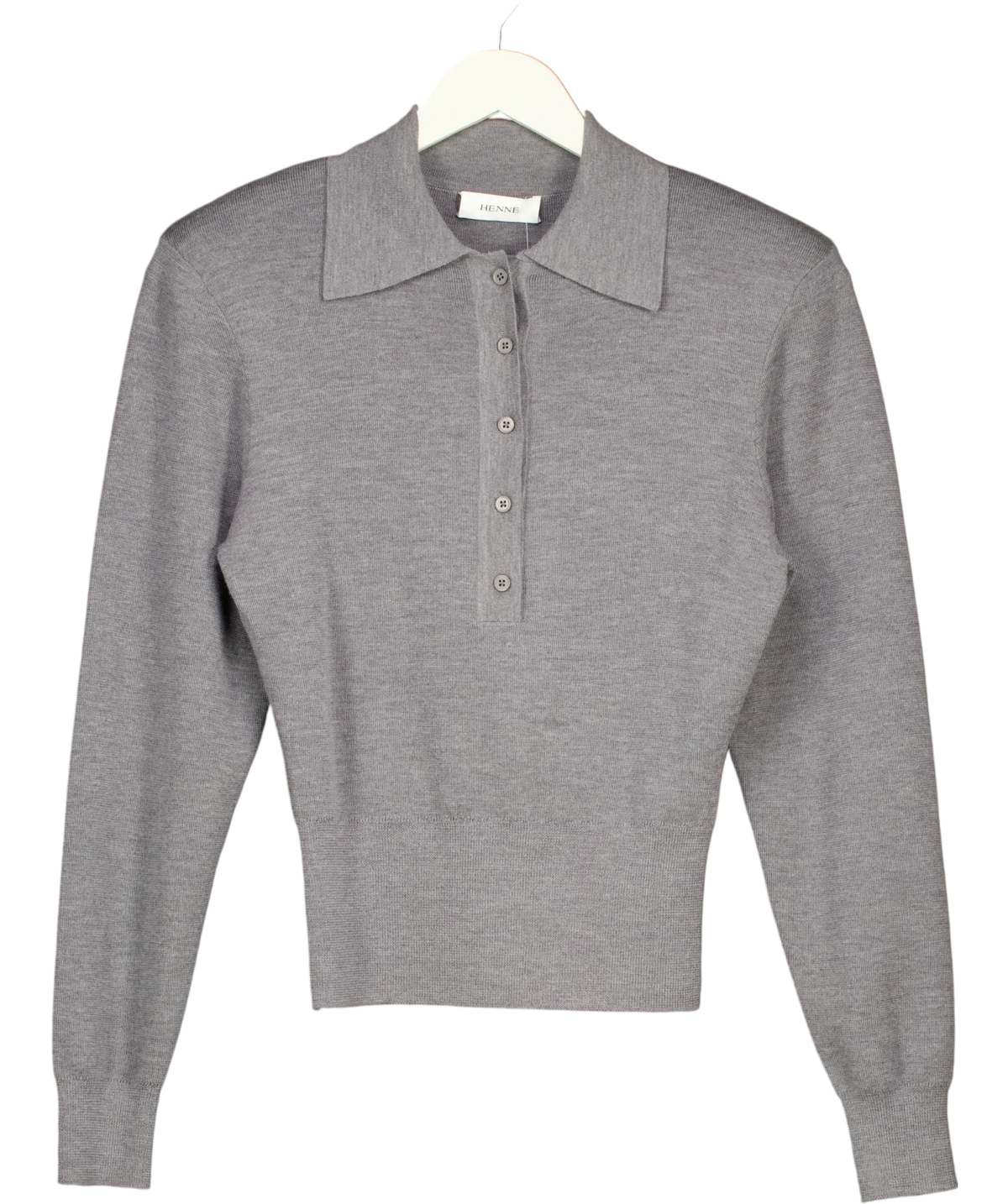 HENNE Grey Grey Long Sleeve Button Polo MERINO WOOL Knit Jumper, size UK S — front